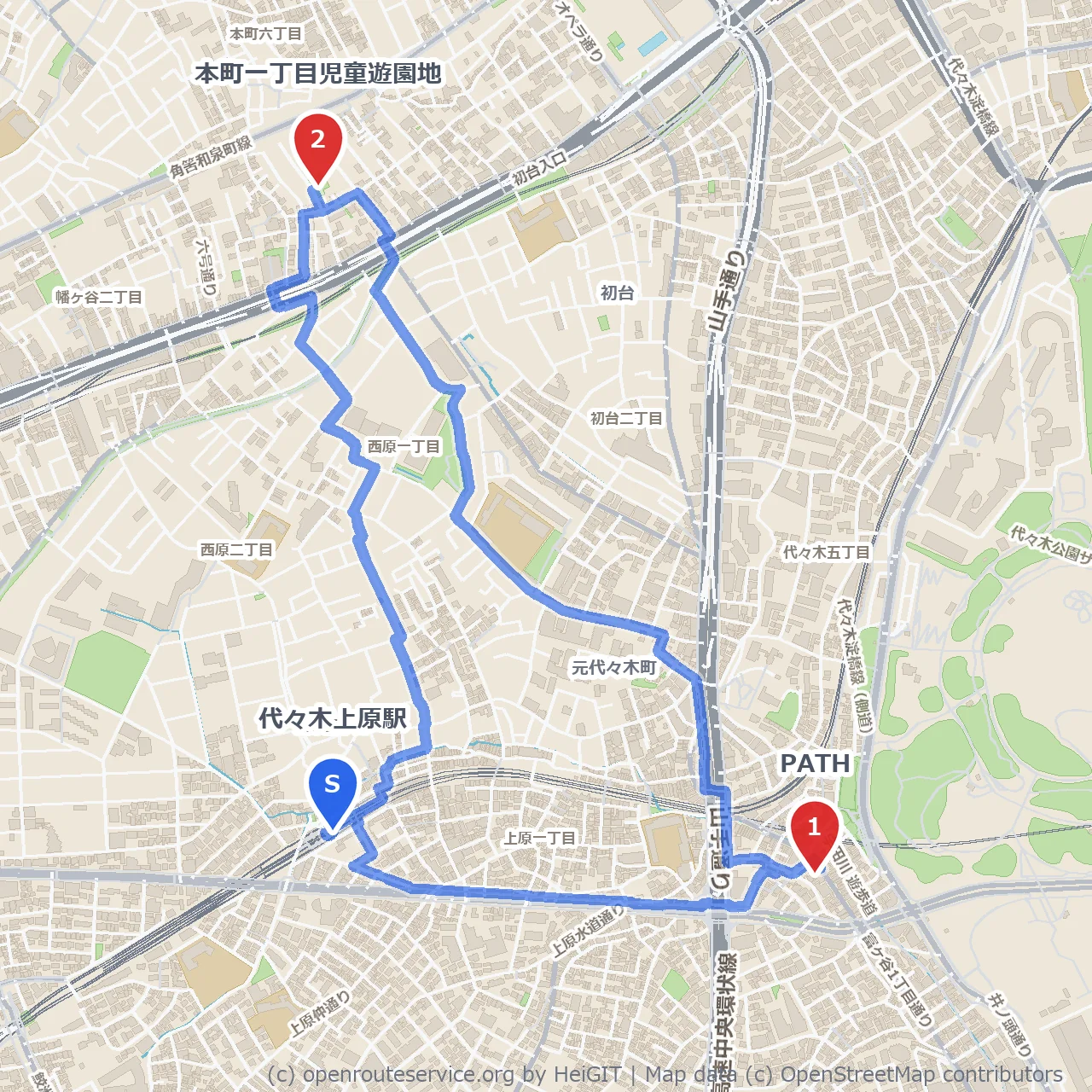 代々木上原から緑豊かな本町一丁目児童遊園地へ散策 のコースマップ