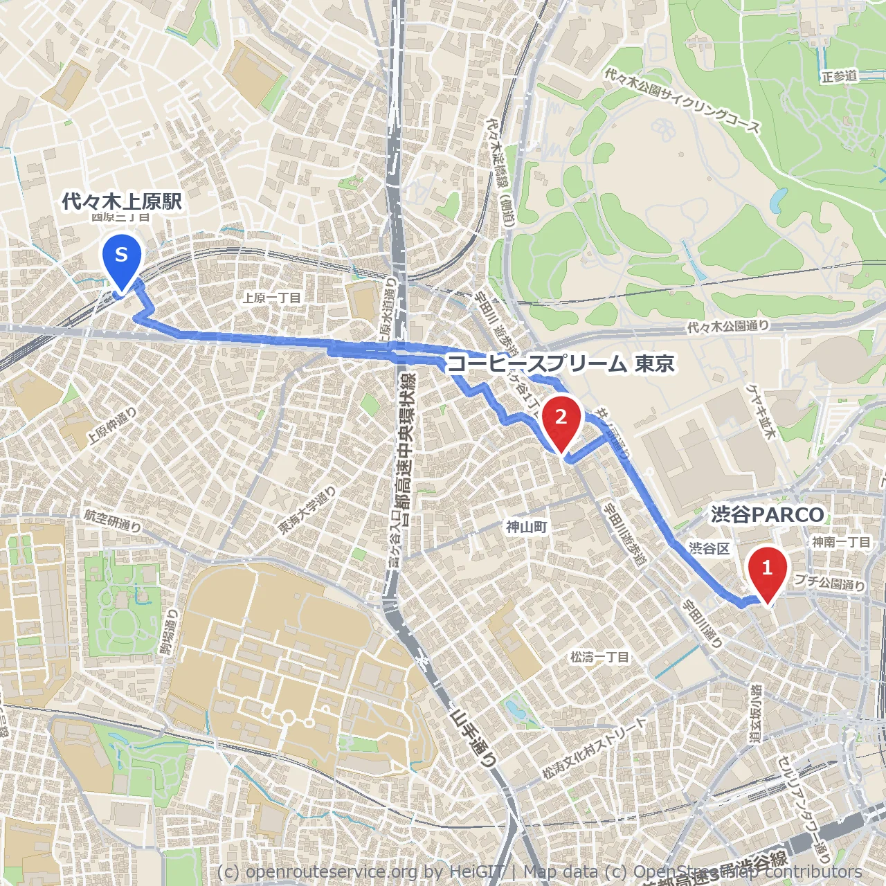 代々木上原から渋谷PARCOを巡る心地よい散策路 のコースマップ