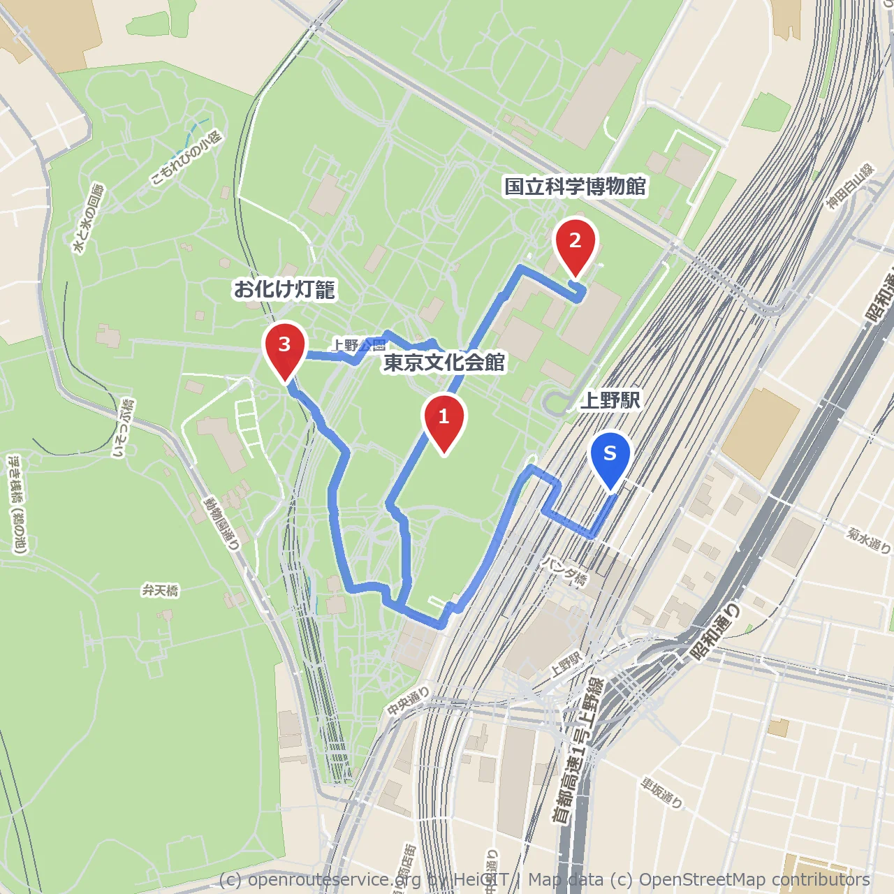 上野公園の名所と国立科学博物館を楽しむ散歩 のコースマップ