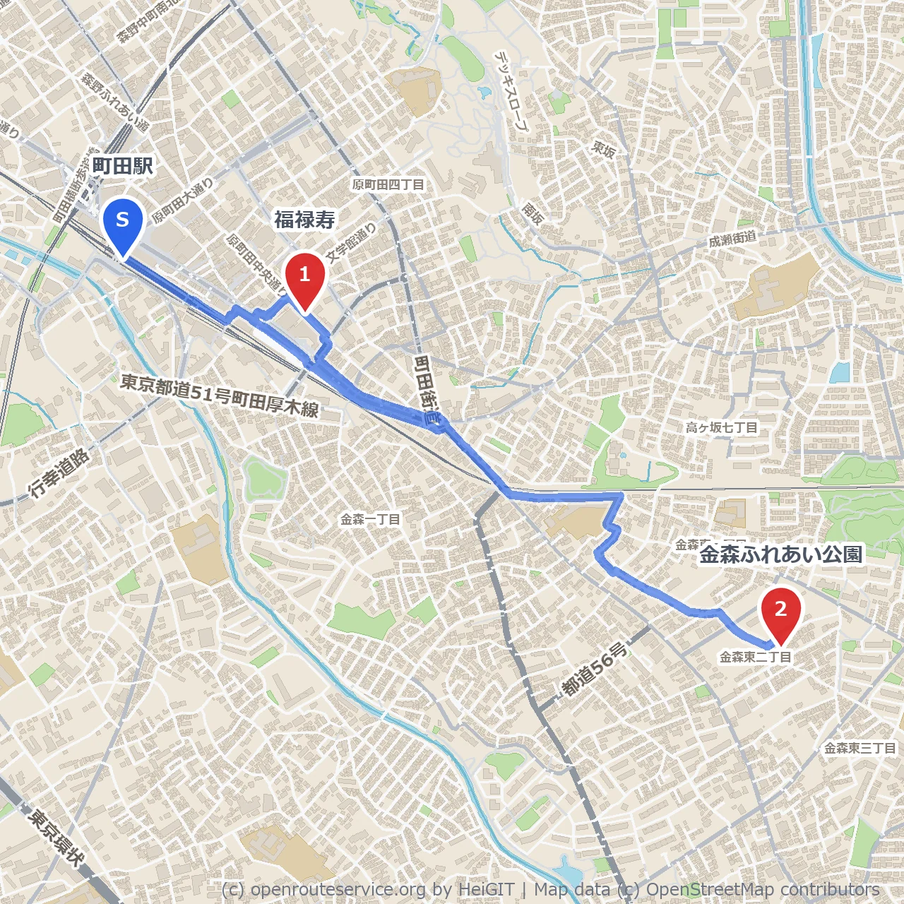 町田駅から福禄寿と緑豊かな金森公園を巡る散歩旅 のコースマップ