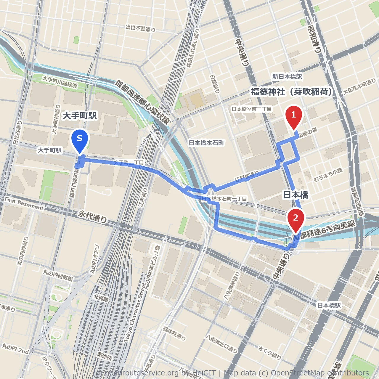 大手町から日本橋への散策路 のコースマップ