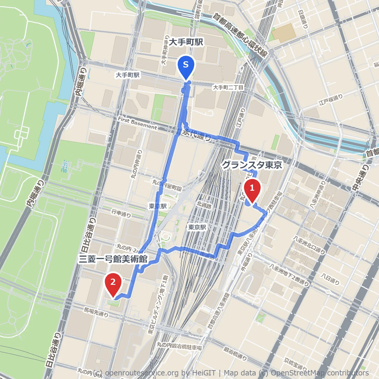 大手町駅から巡る都会の散策 のコースマップ
