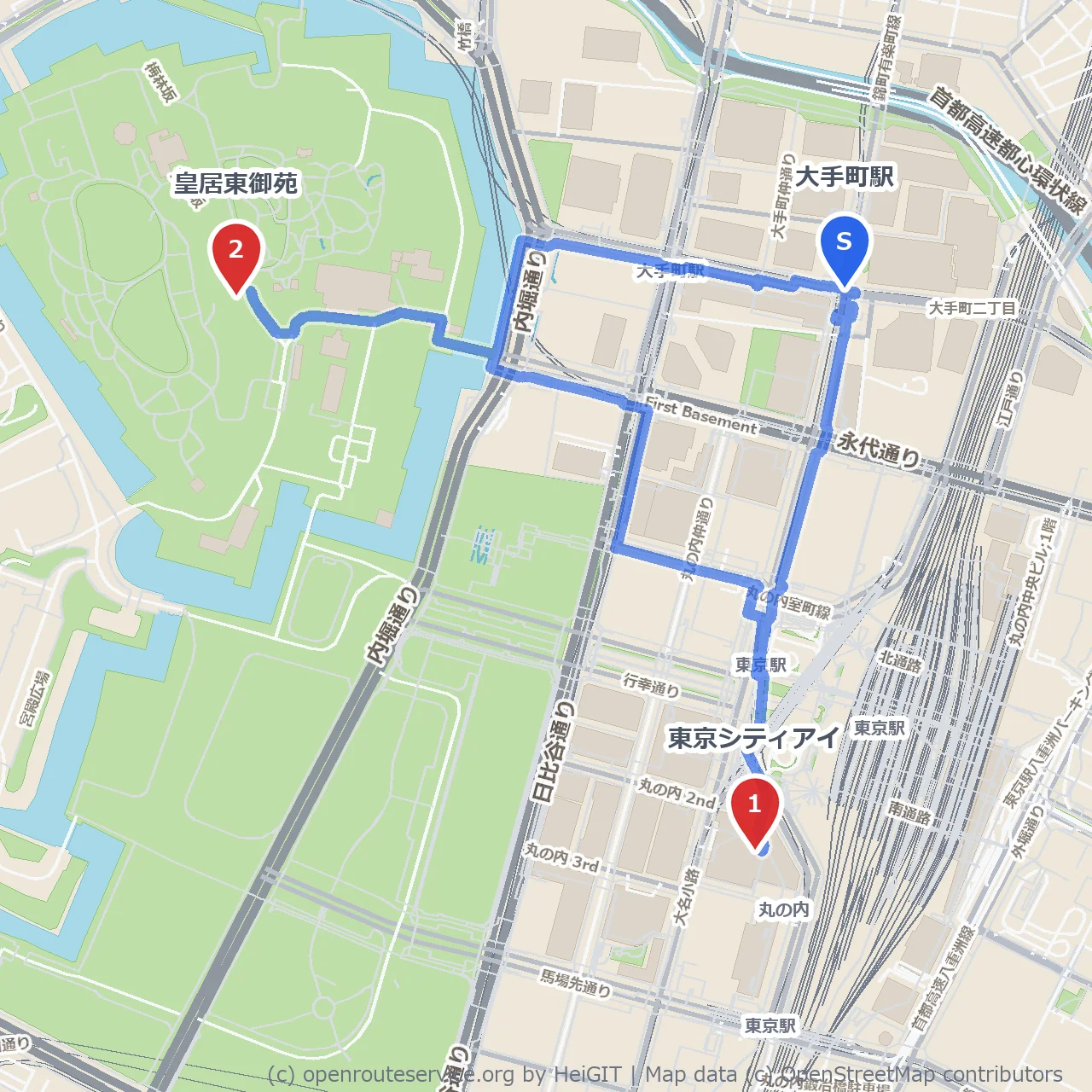 東京シティアイから皇居東御苑へ のコースマップ