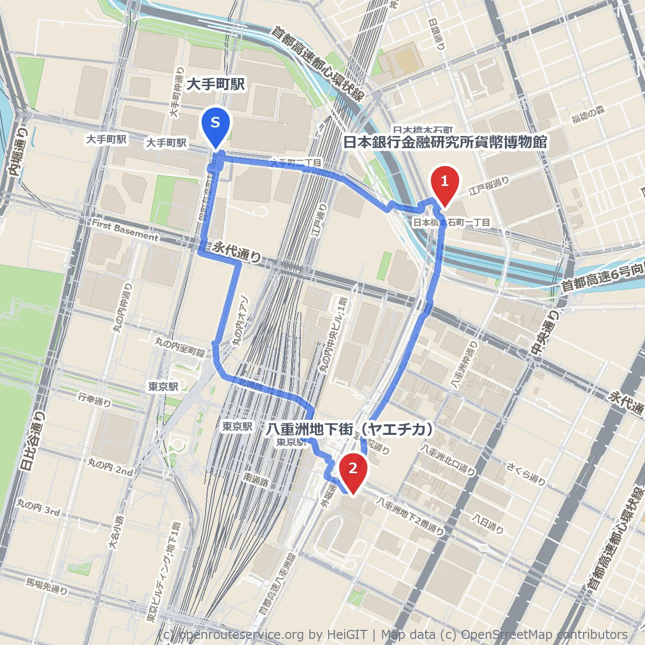 貨幣博物館と八重洲地下街をぶらり散歩 のコースマップ