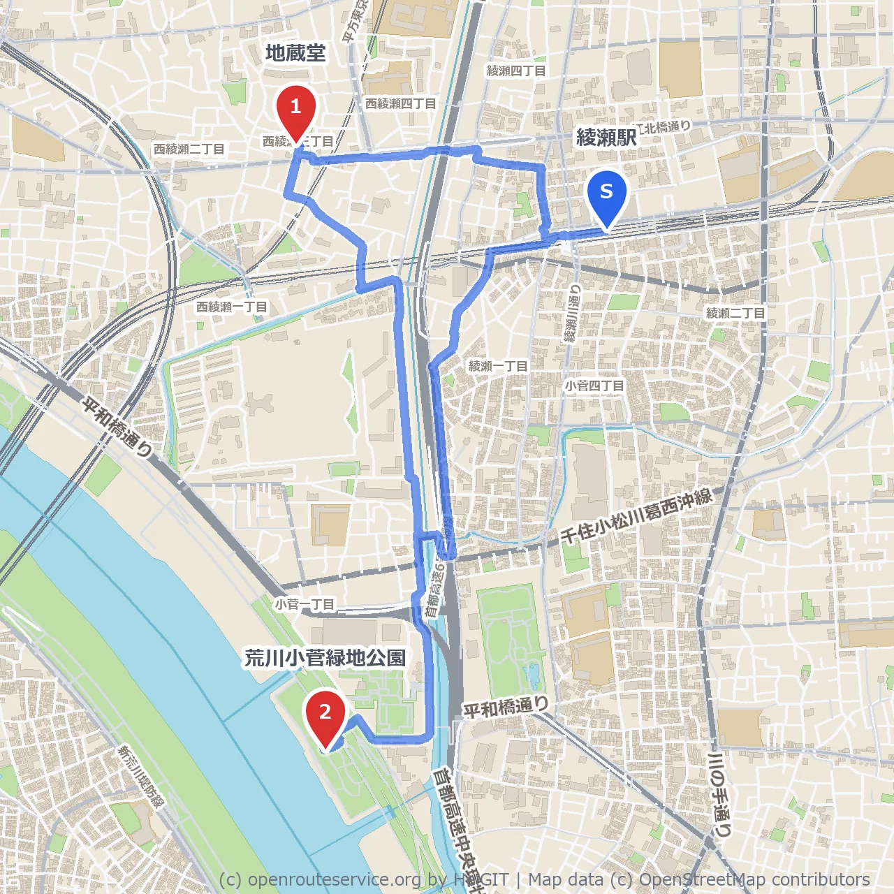 綾瀬駅から訪れる静寂の地蔵堂と緑豊かな荒川小菅緑地 のコースマップ
