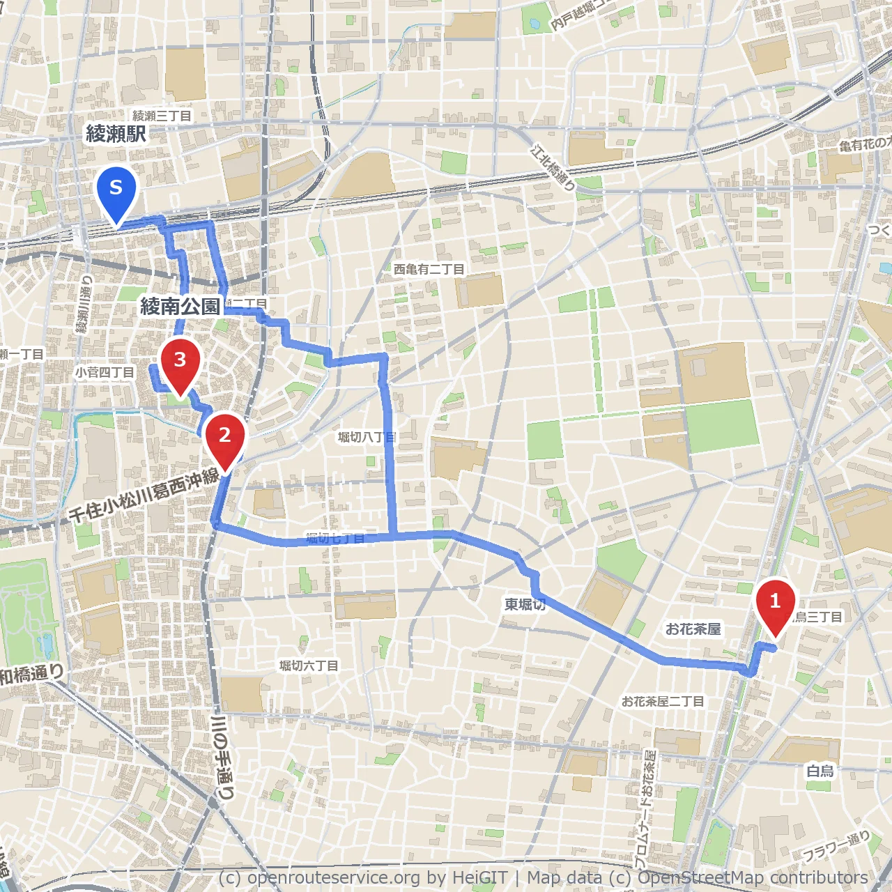 綾瀬駅から歩く 郷土史と緑あふれる静かな散策路 のコースマップ