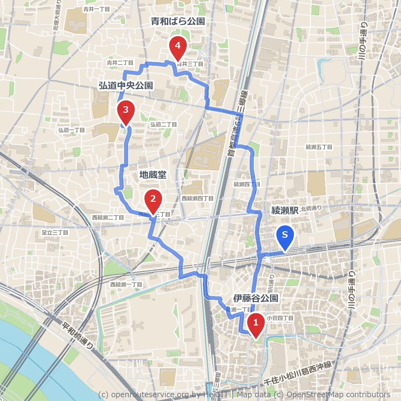 綾瀬駅から巡る穏やかな公園と歴史の散歩道 のコースマップ