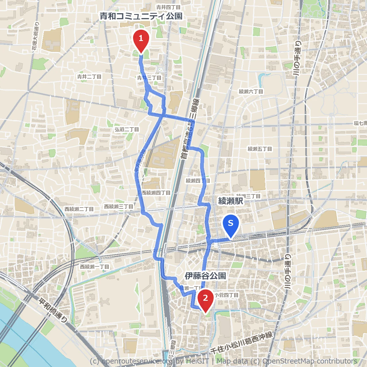 綾瀬駅近くで楽しむ緑豊かな2つの公園散歩 のコースマップ