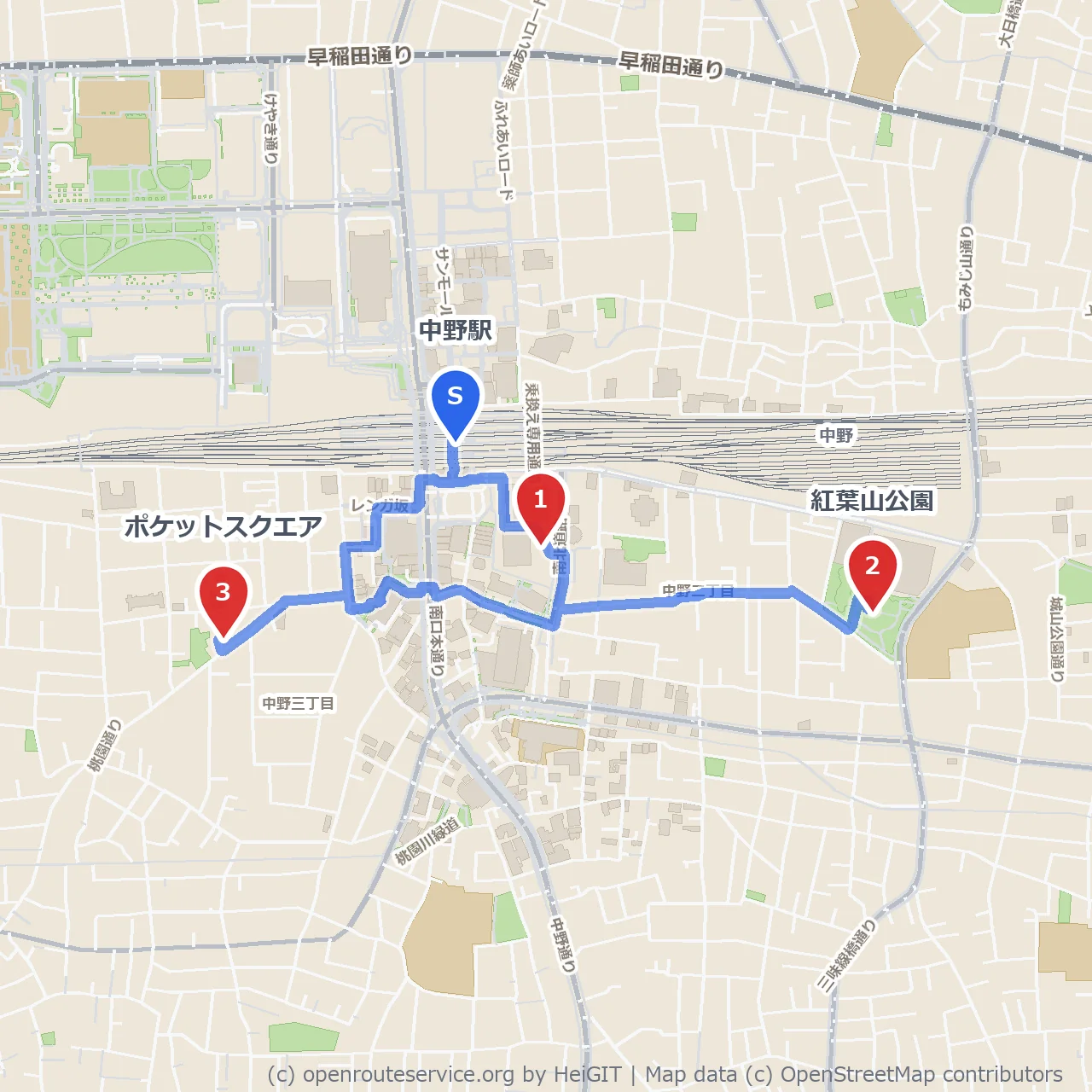 中野駅南口方面をぶらり のコースマップ