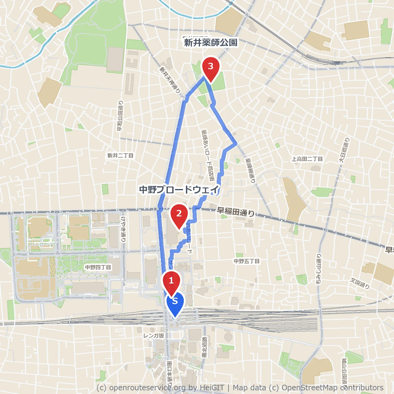 中野駅定番スポット巡り のコースマップ