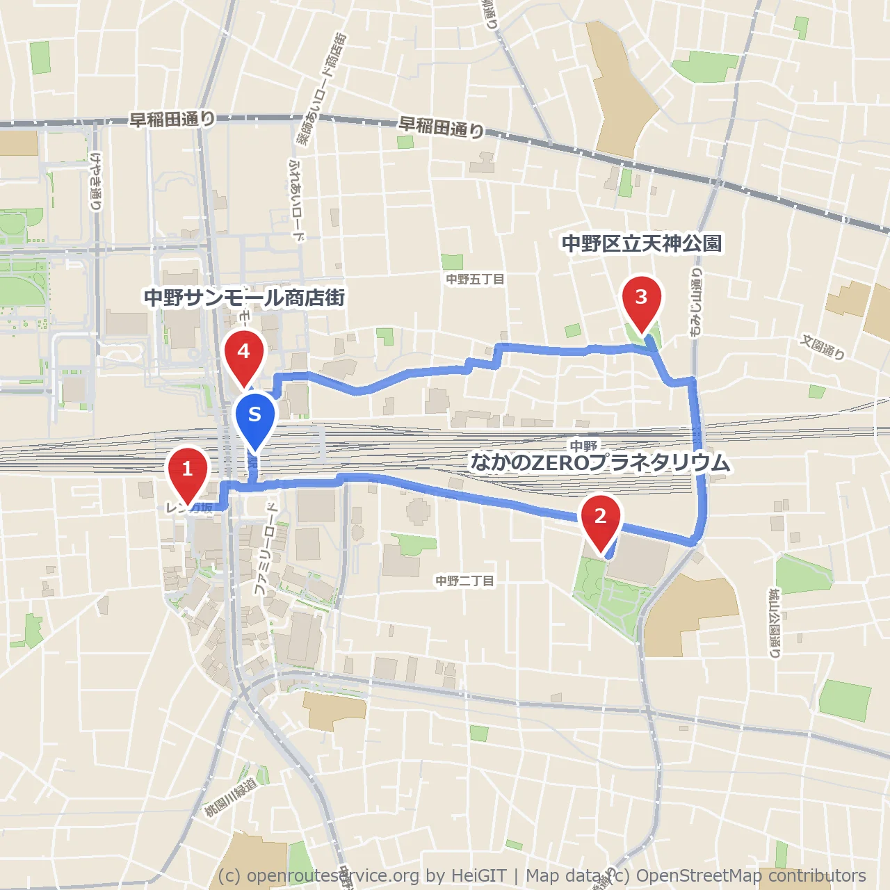 中野駅周辺を小さく周る散歩 のコースマップ