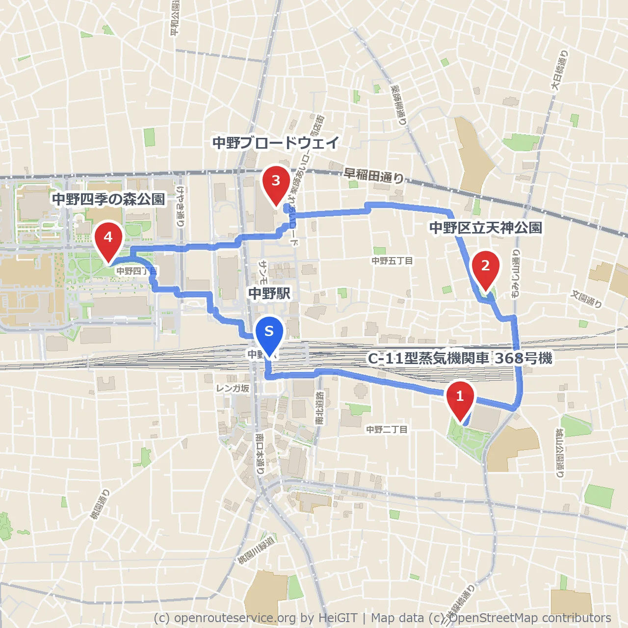 中野駅の駅前散策 のコースマップ