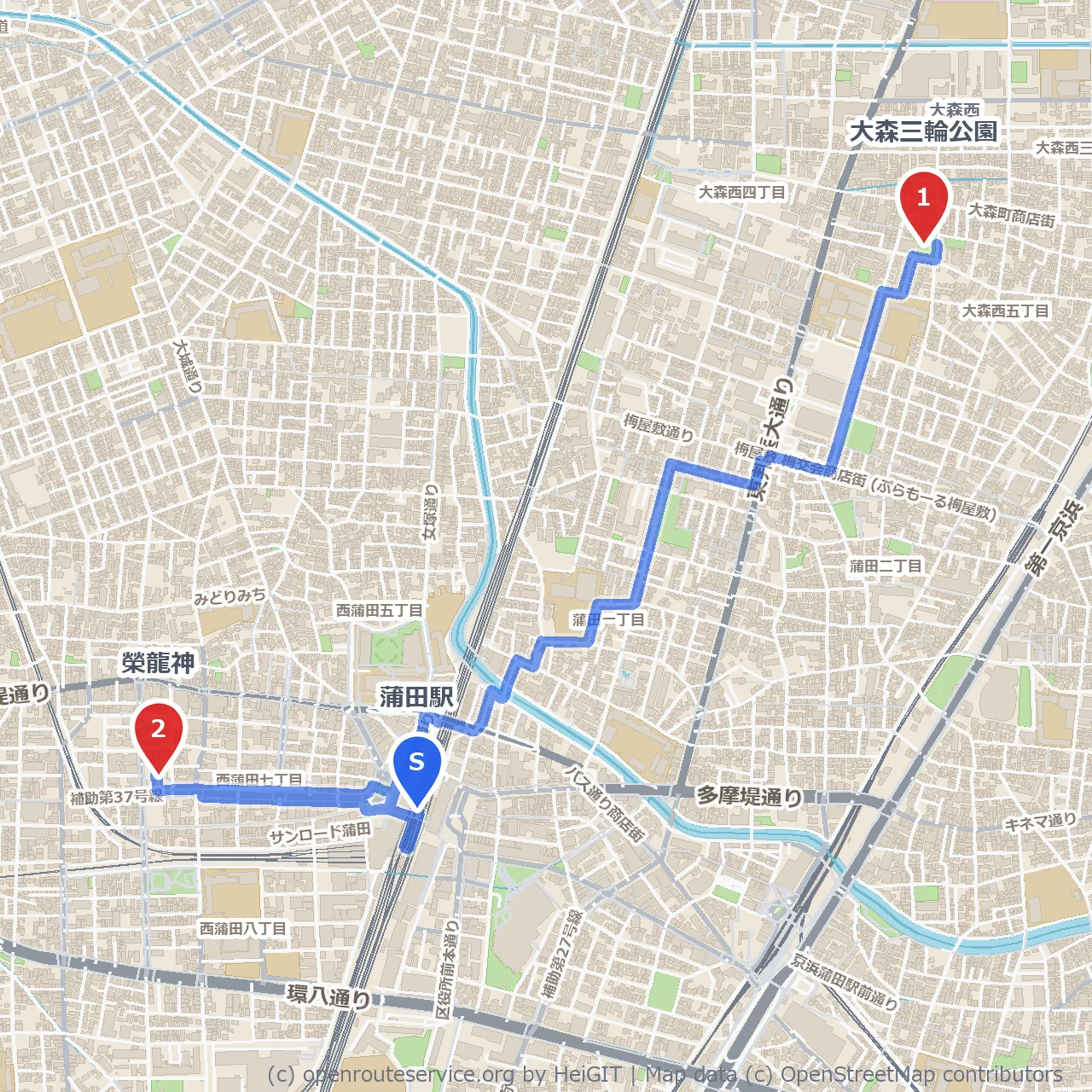 蒲田駅発・大森三輪公園と榮龍神を巡る静かな散策路 のコースマップ