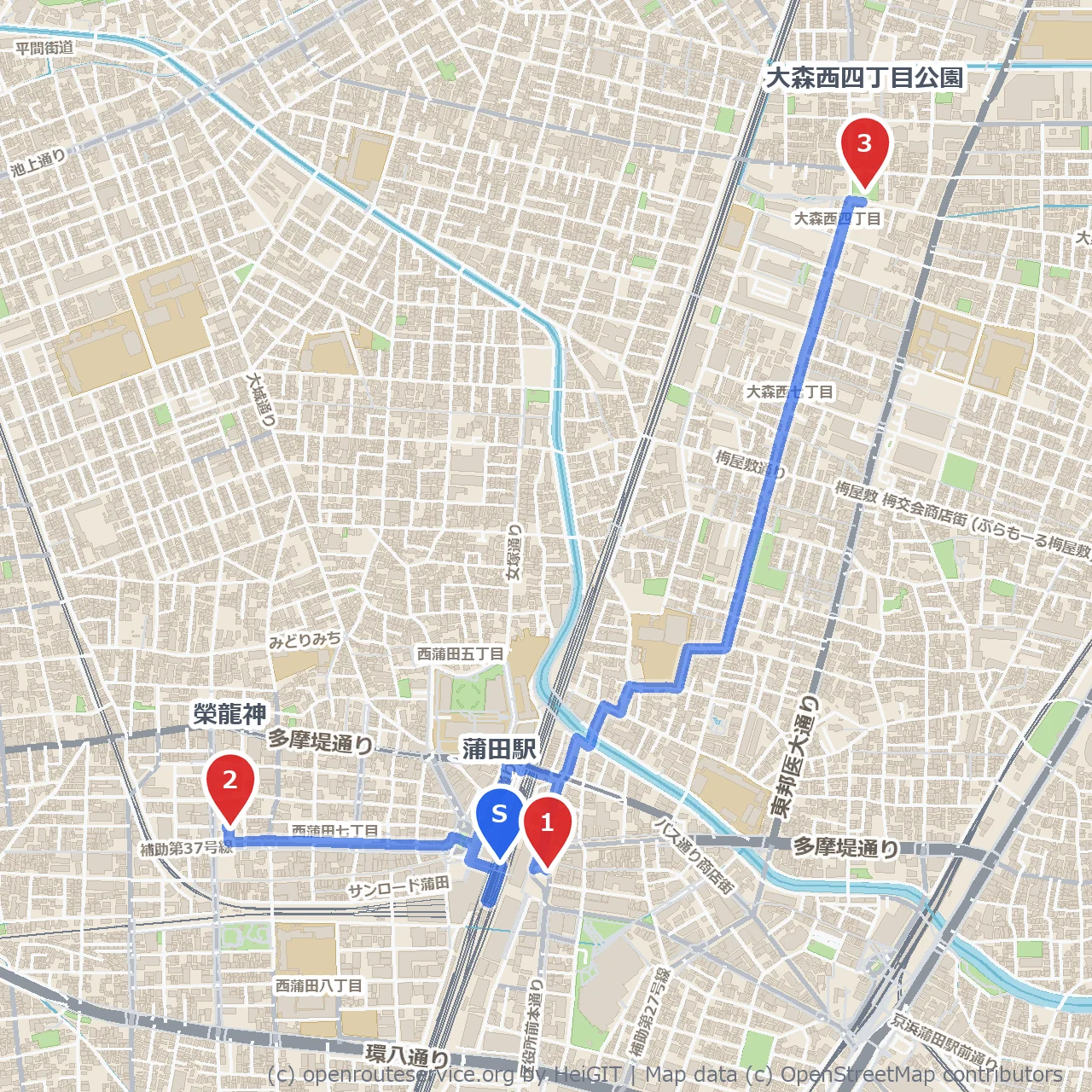 蒲田駅から巡る新島ゆかりのモヤイ像散策路 のコースマップ