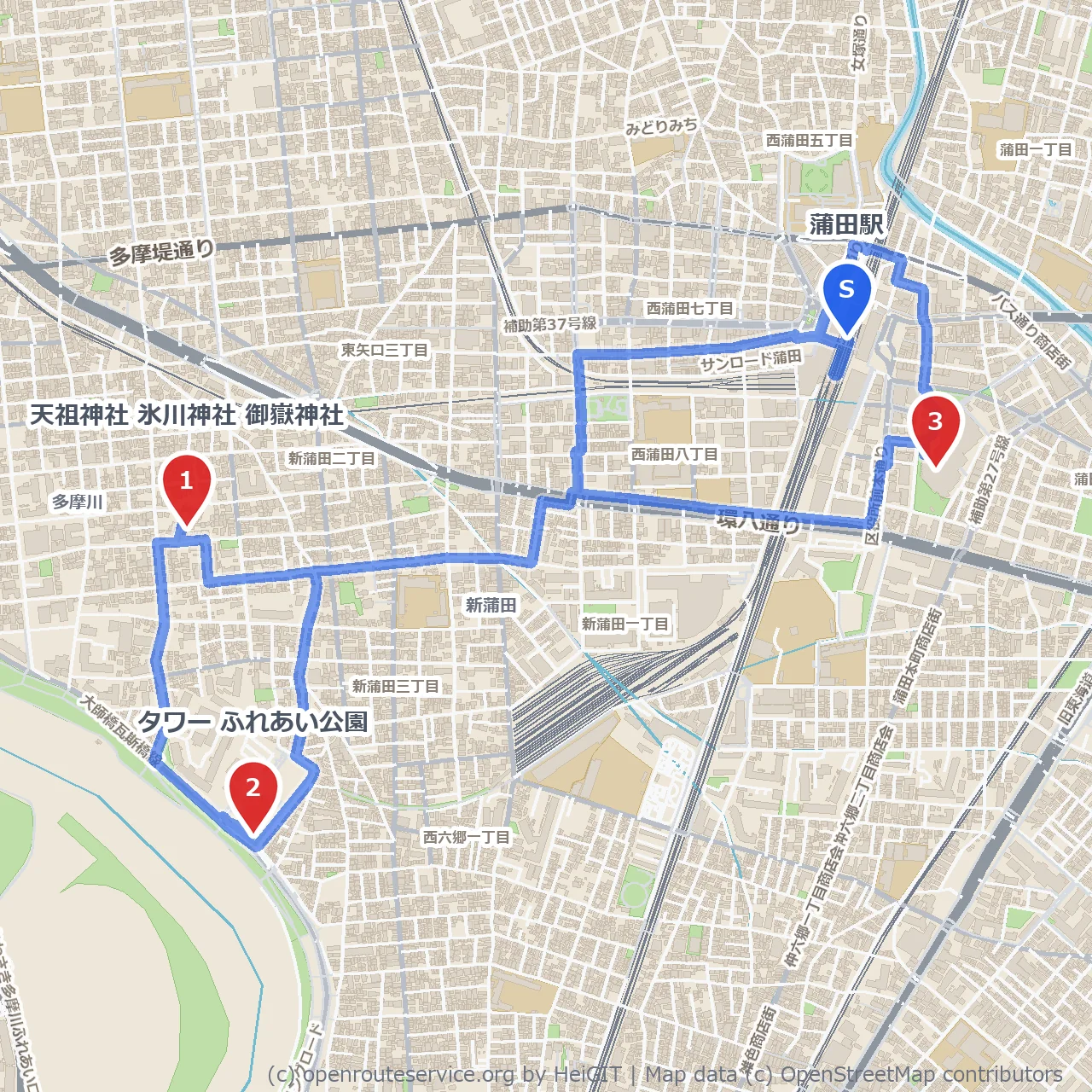 蒲田駅からの神社巡りと公園散策コース のコースマップ