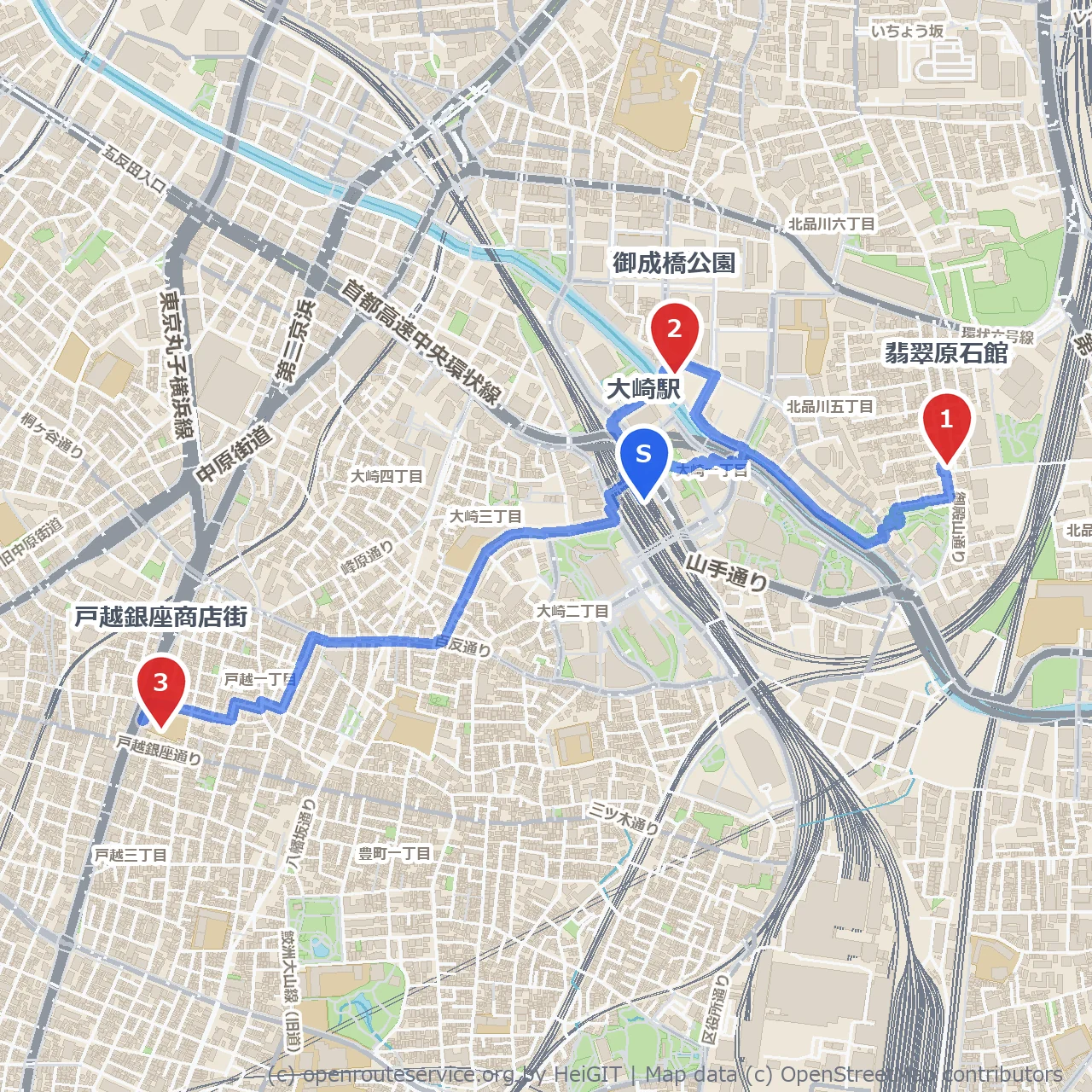 大崎駅発、翡翠原石館と戸越銀座の彩り散歩 のコースマップ