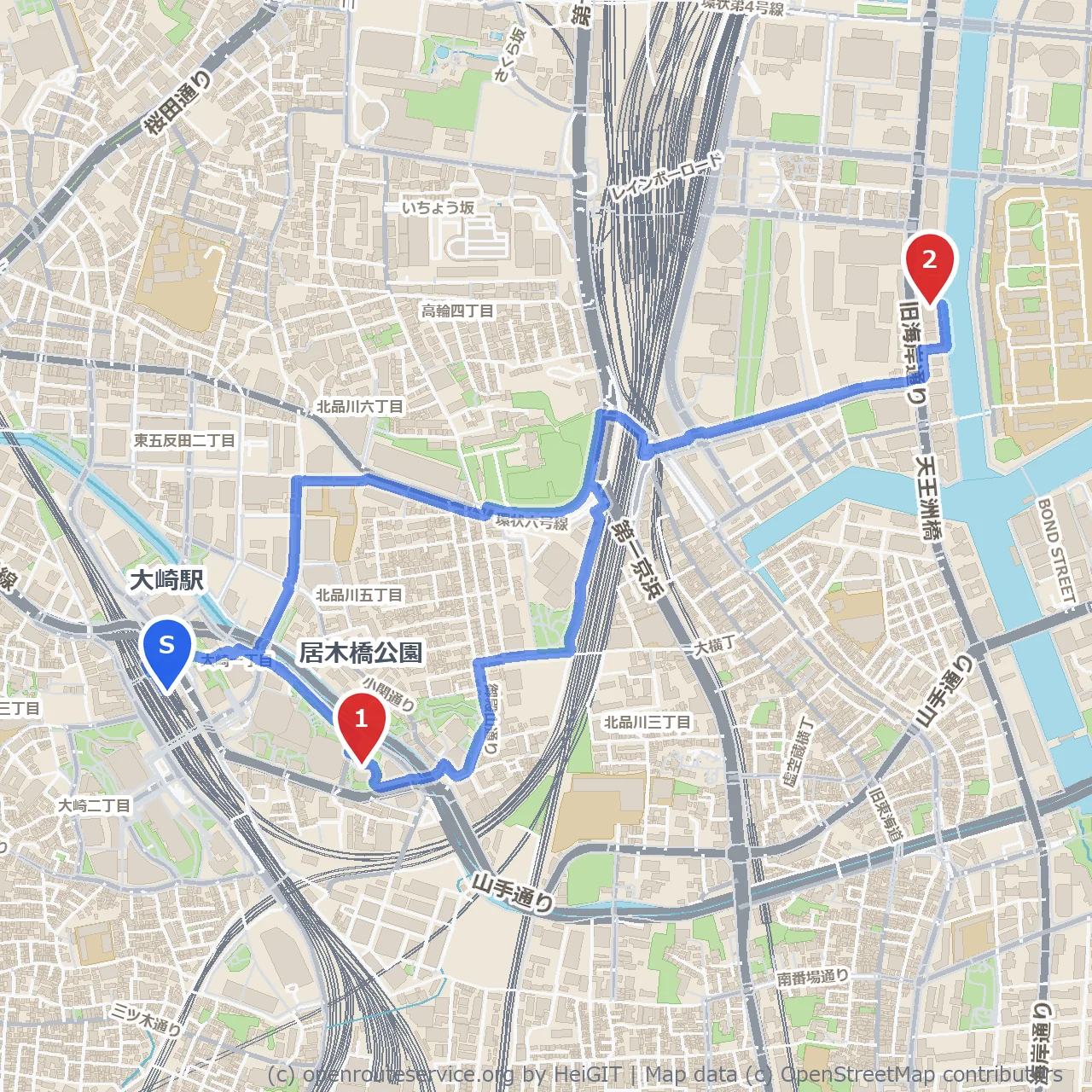 大崎駅発、緑と物流の歴史を味わう散歩道 のコースマップ