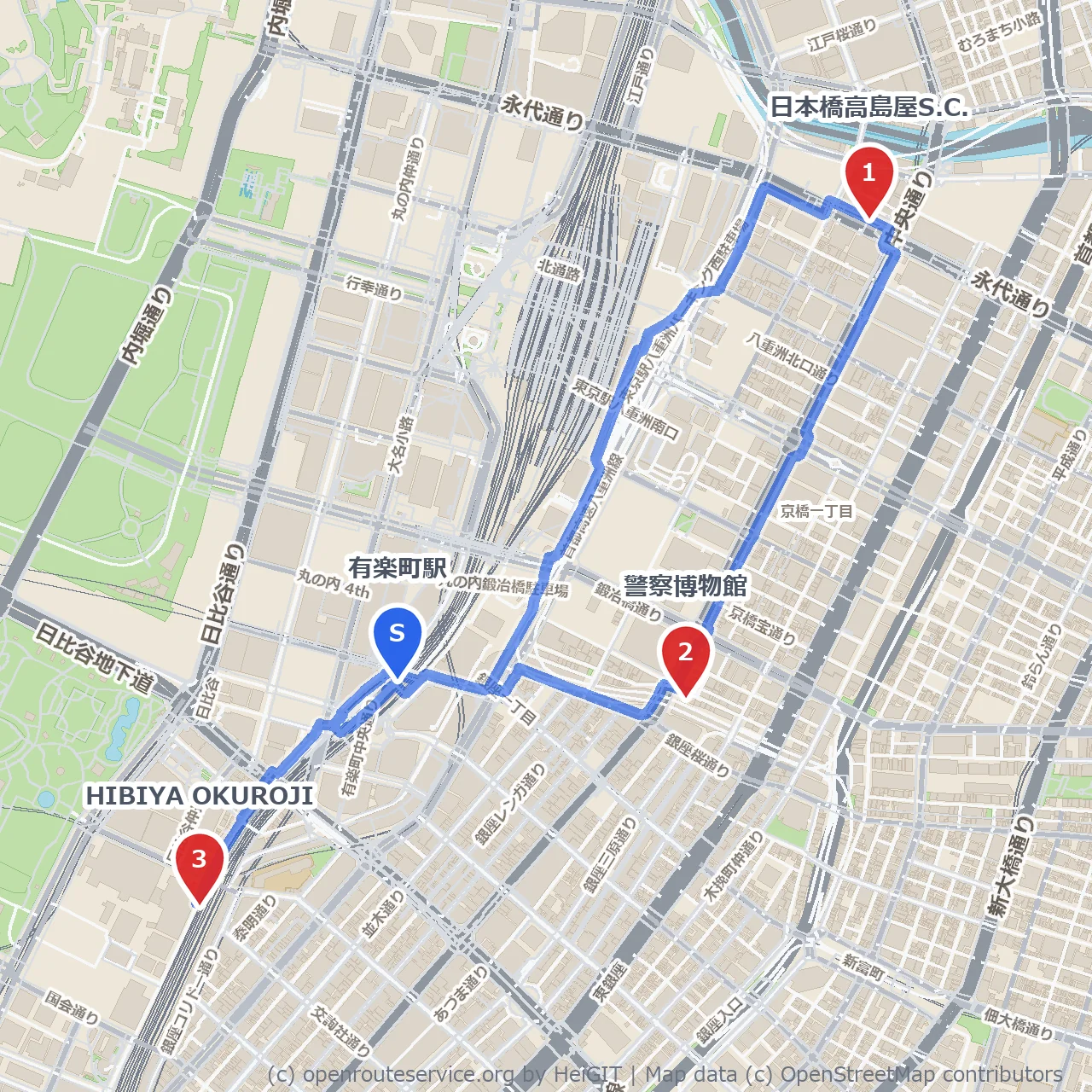 有楽町から歴史と現代が交差する街歩き のコースマップ