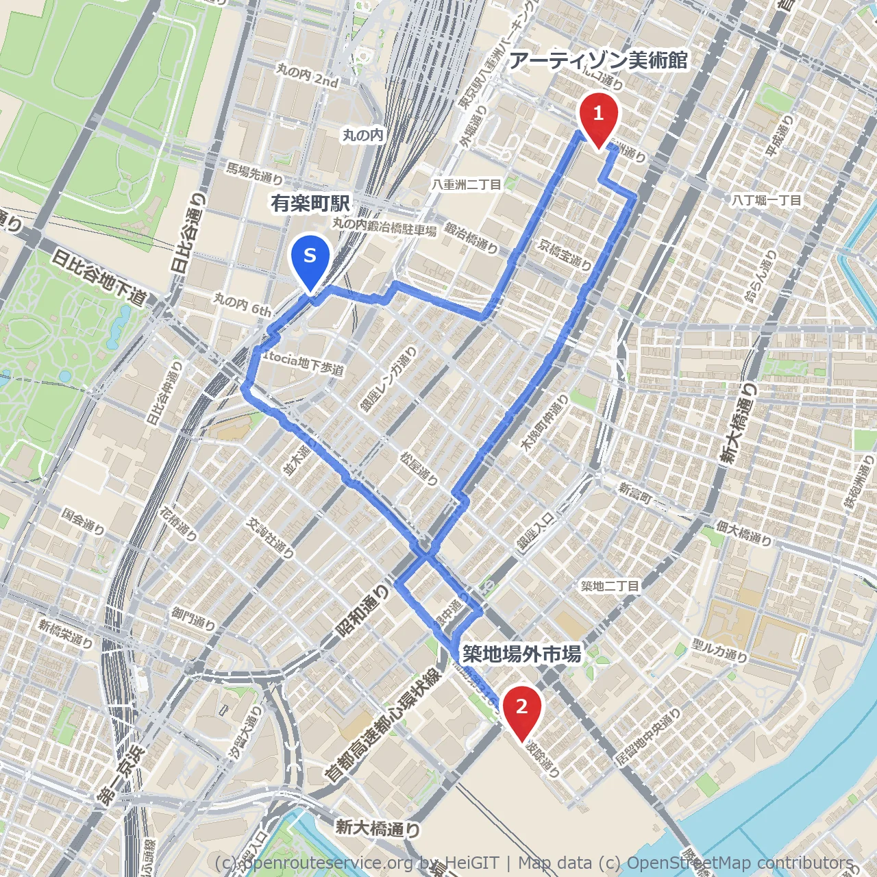 有楽町から歩く美術と市場の賑わい散策 のコースマップ