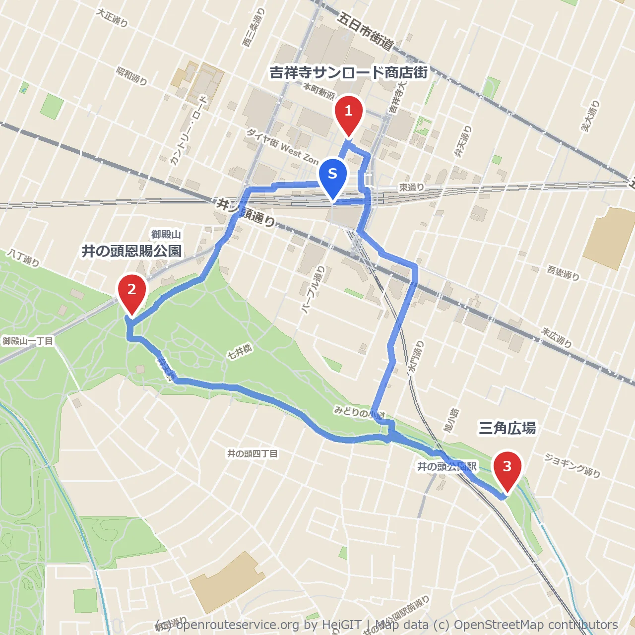 吉祥寺サンロード商店街と井の頭公園を歩く定番コース のコースマップ