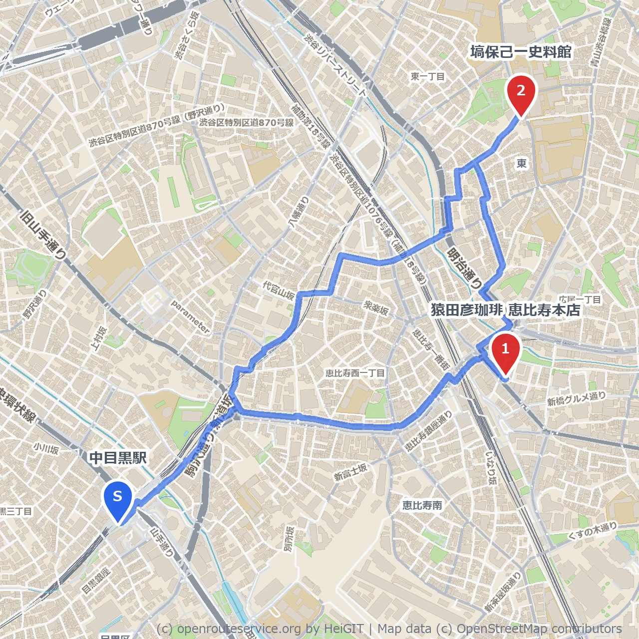 中目黒から恵比寿歴史と珈琲の散歩道 のコースマップ