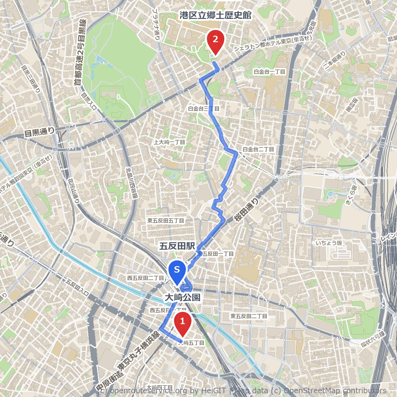 五反田の隠れた緑と歴史を巡るのんびり散歩道 のコースマップ