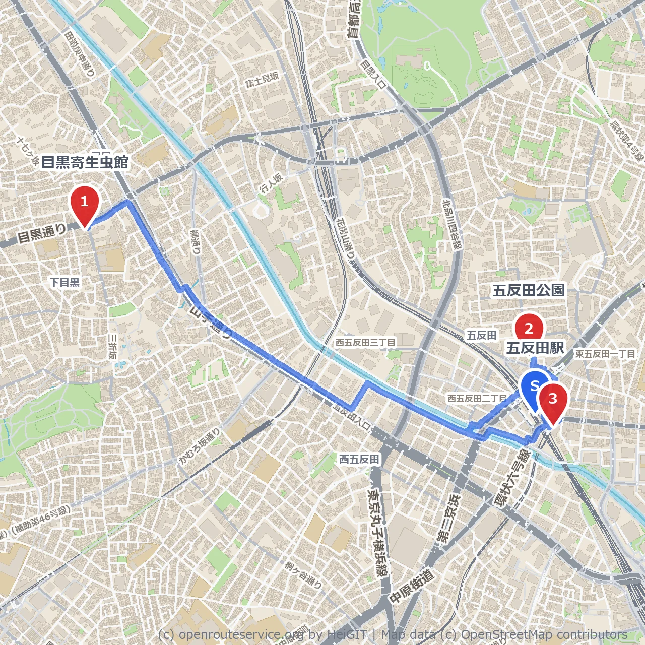 五反田駅から寄生虫館と公園を巡る街歩き散策 のコースマップ