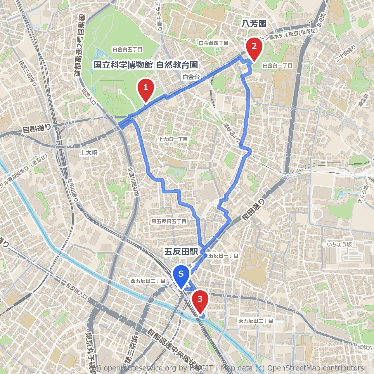 五反田の緑と歴史を巡る静かな散策路 のコースマップ