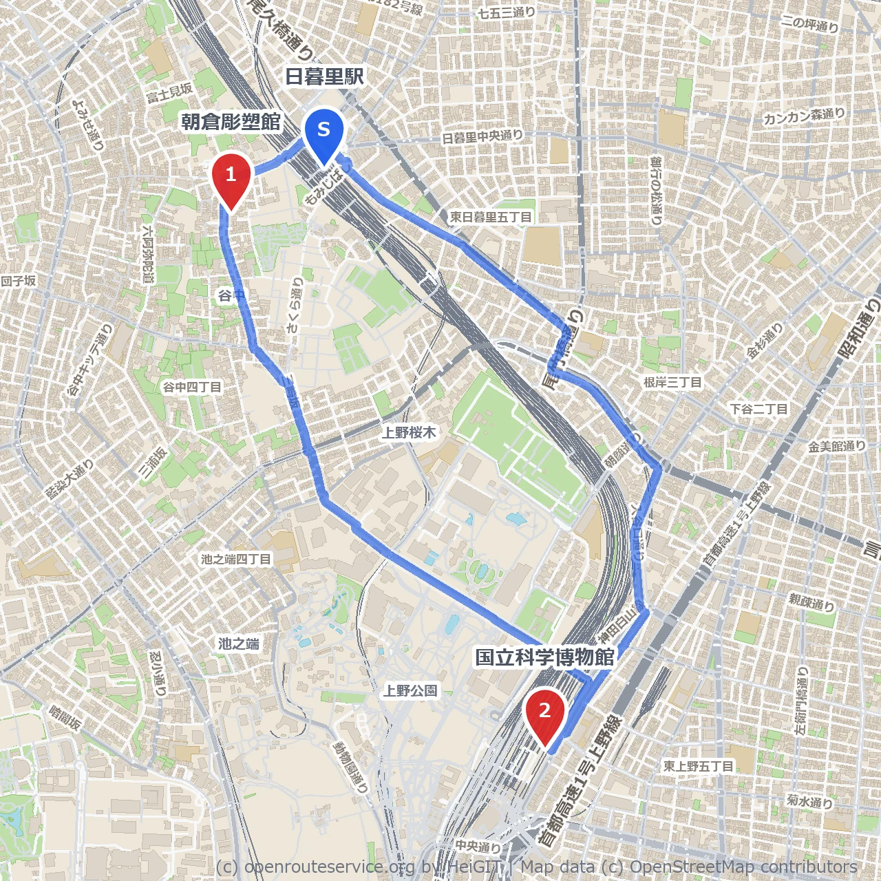 日暮里から上野へ 歴史と科学を巡る静かな散歩道 のコースマップ