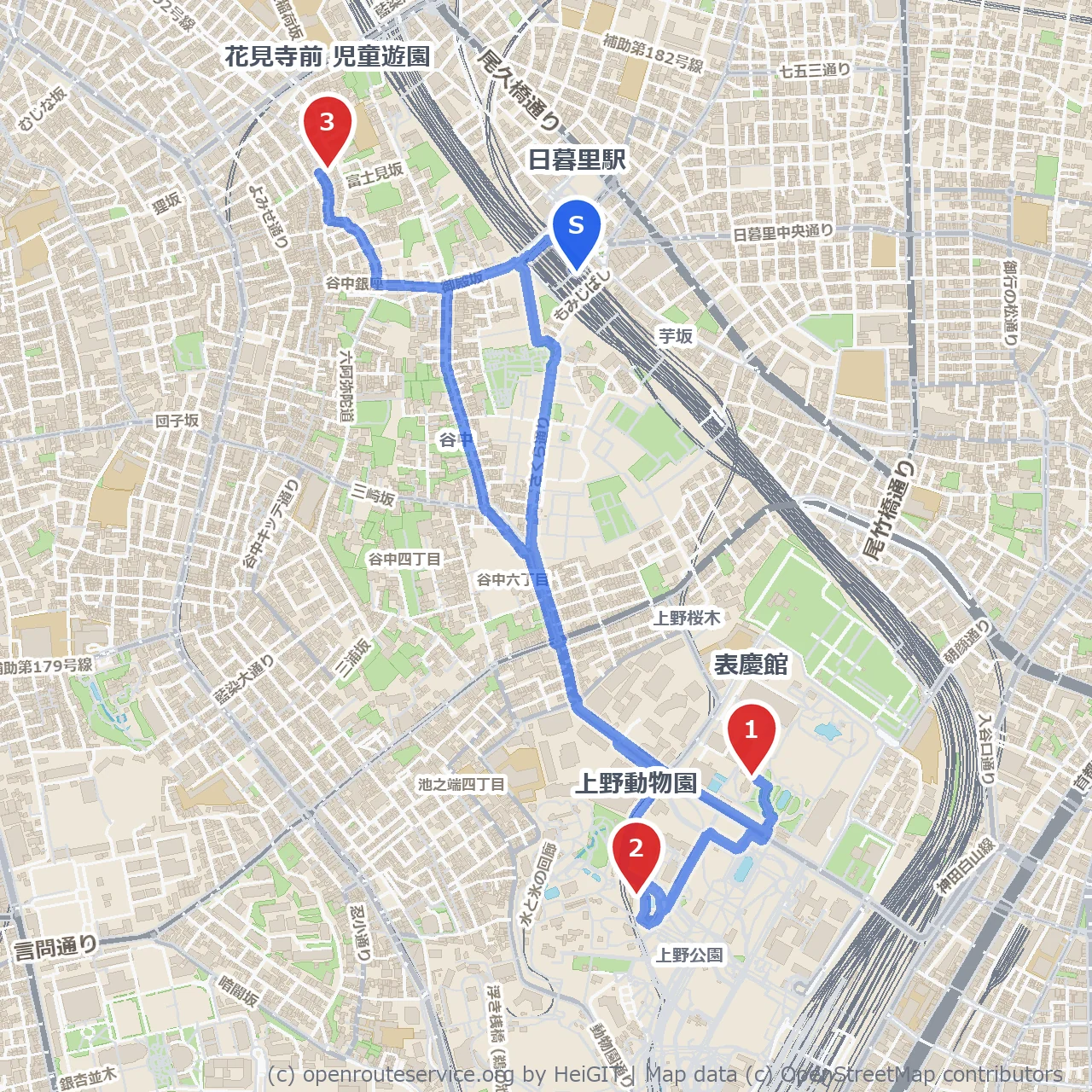 日暮里から上野の緑と歴史を巡る散策路 のコースマップ