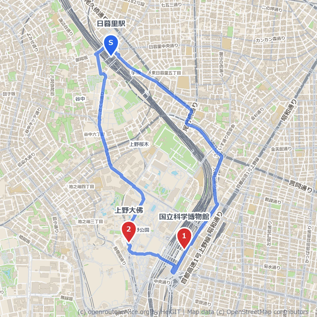 日暮里から上野へ 歴史と自然を感じる散策路 のコースマップ