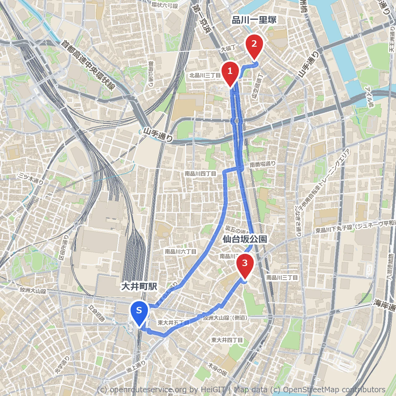 歴史と緑に触れる大井町から仙台坂の散策路 のコースマップ