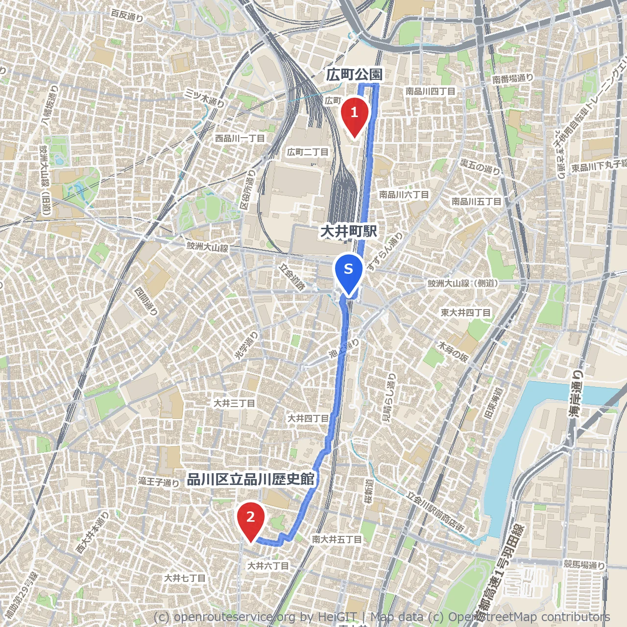 大井町駅から歩く、広町公園と歴史館の緑と記憶散策 のコースマップ