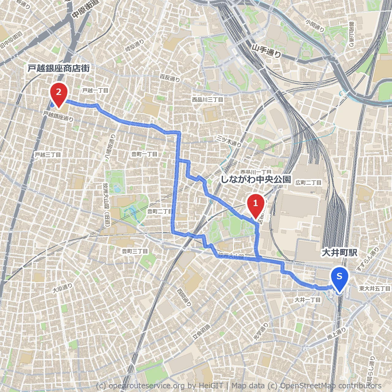 大井町から戸越銀座へ／緑と商店街を楽しむ散歩道 のコースマップ