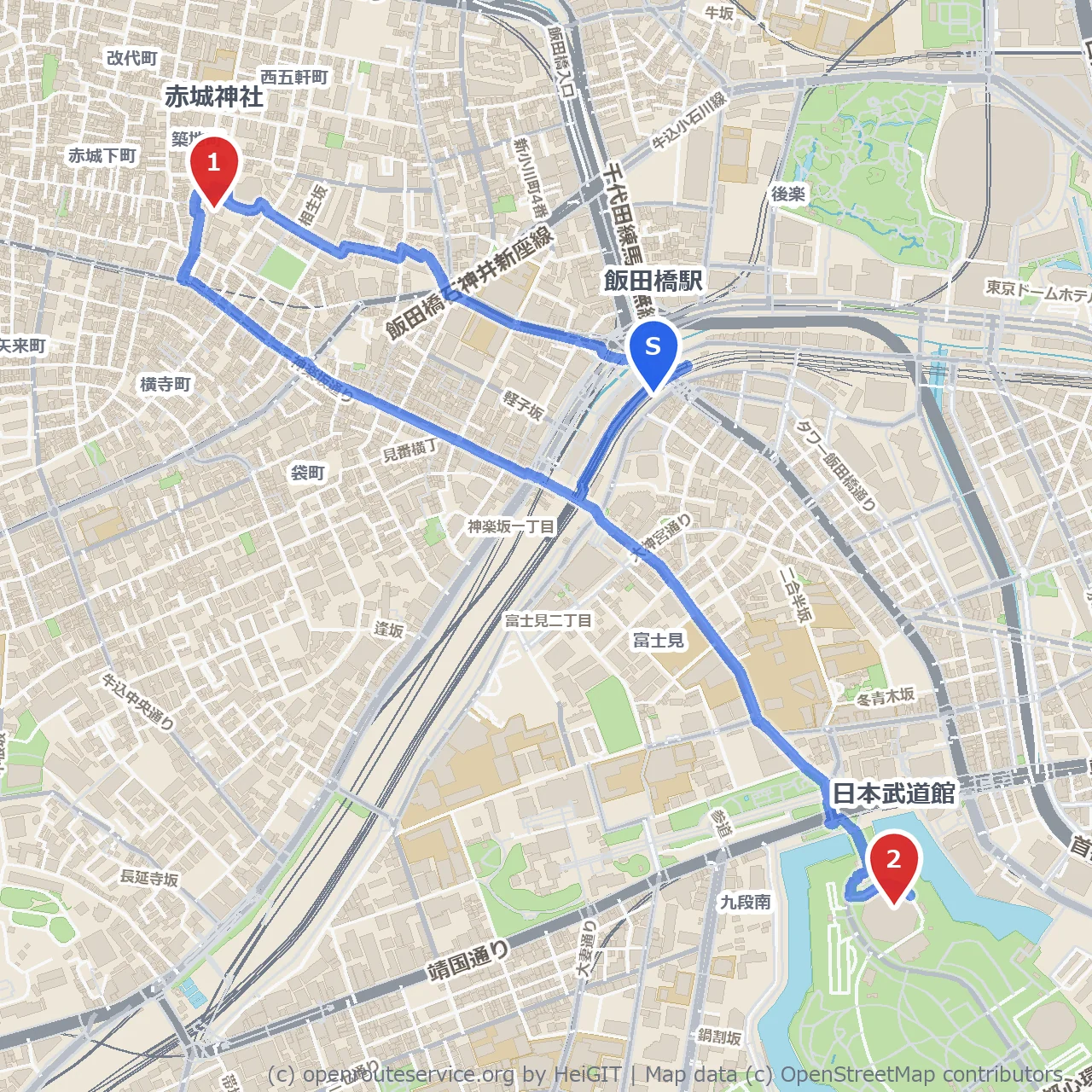 飯田橋から日本武道館へ 川沿い緑路の散歩道 のコースマップ