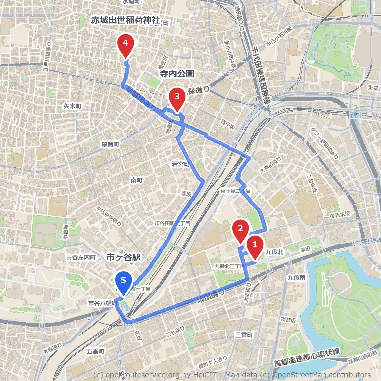 市ヶ谷散歩：歴史と緑を感じる城跡巡り のコースマップ