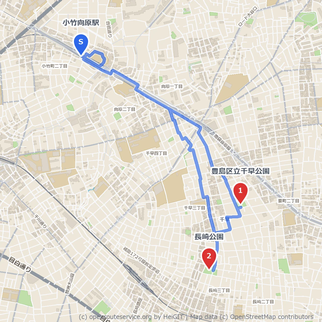 小竹向原駅から緑満喫、千早と長崎の公園散策 のコースマップ