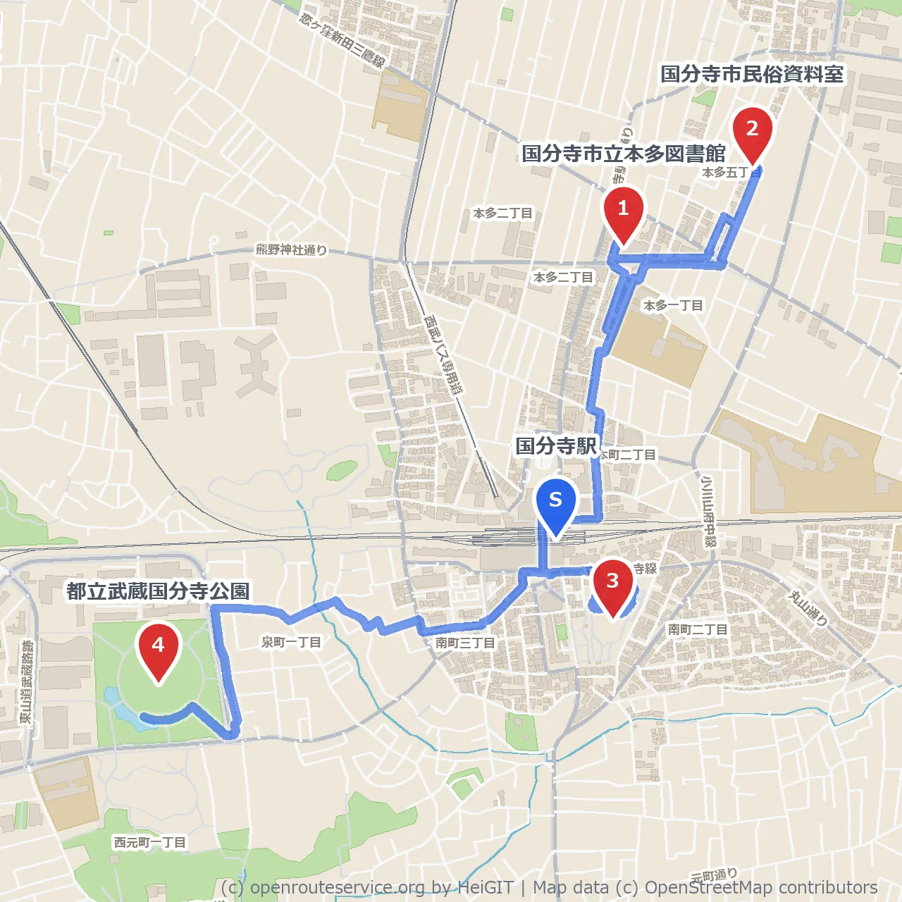 歴史と自然が織りなす国分寺の静かな散歩道 のコースマップ