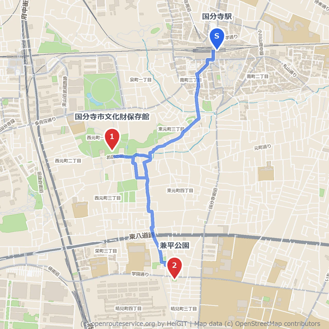 国分寺駅から文化財保存館を巡り兼平公園へ歩く散策路 のコースマップ