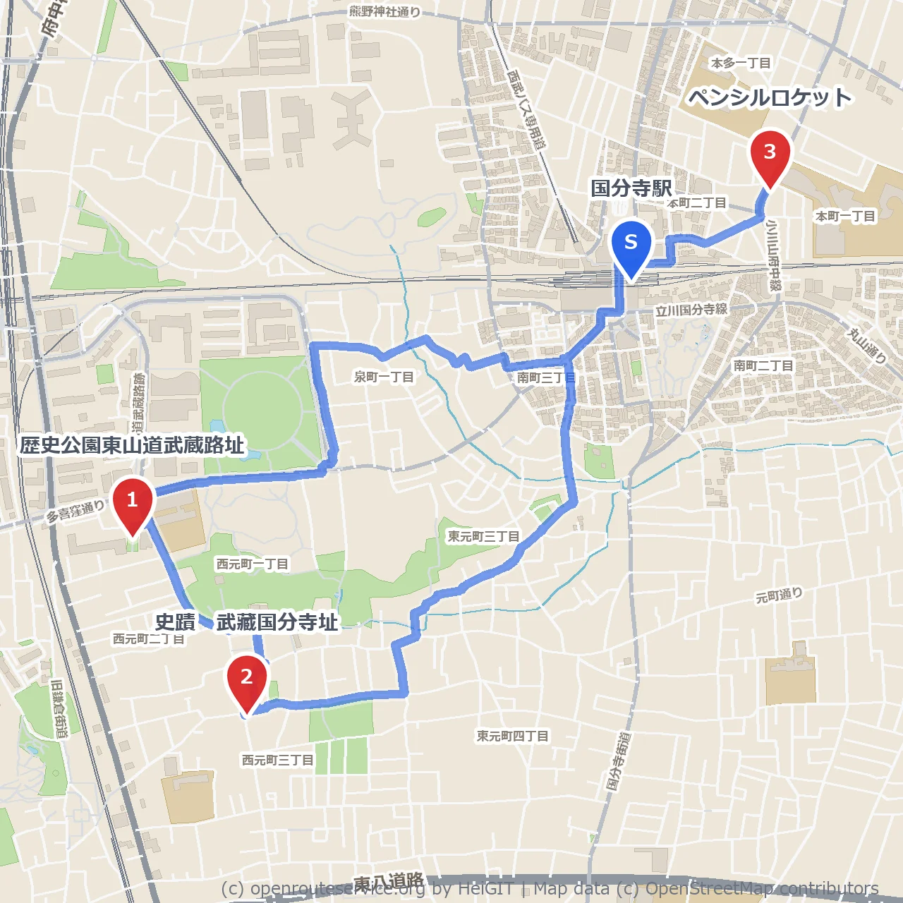 国分寺駅から歩く武蔵路と国分寺遺跡巡り のコースマップ