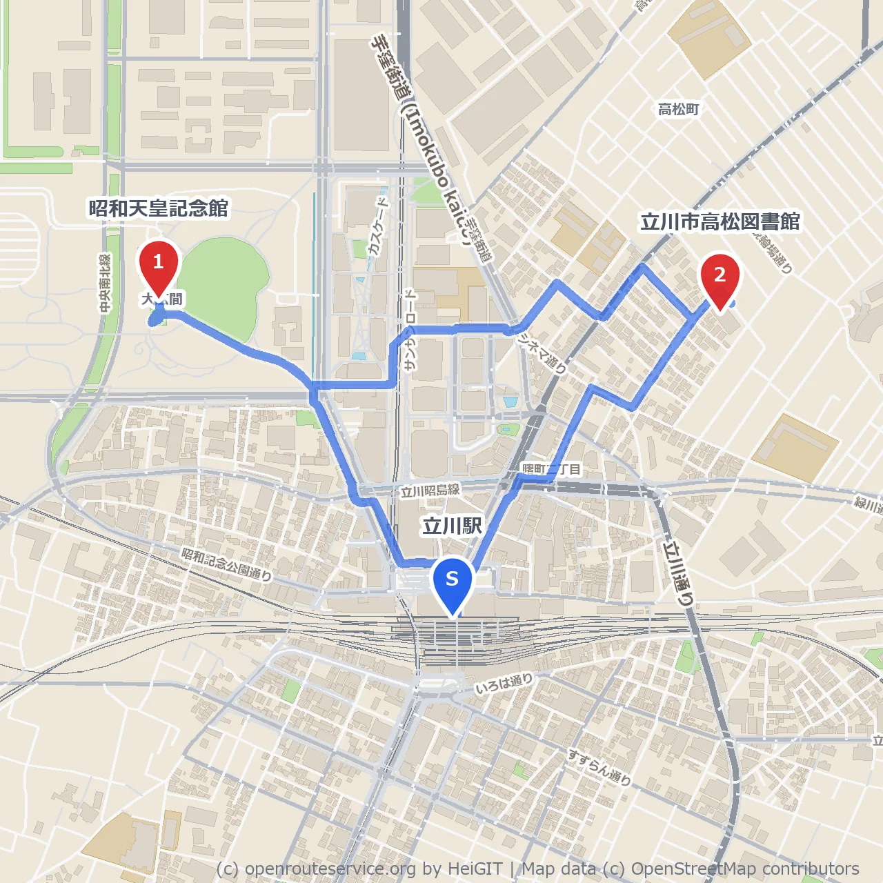 立川駅から昭和天皇記念館と静かな図書館への散歩道 のコースマップ