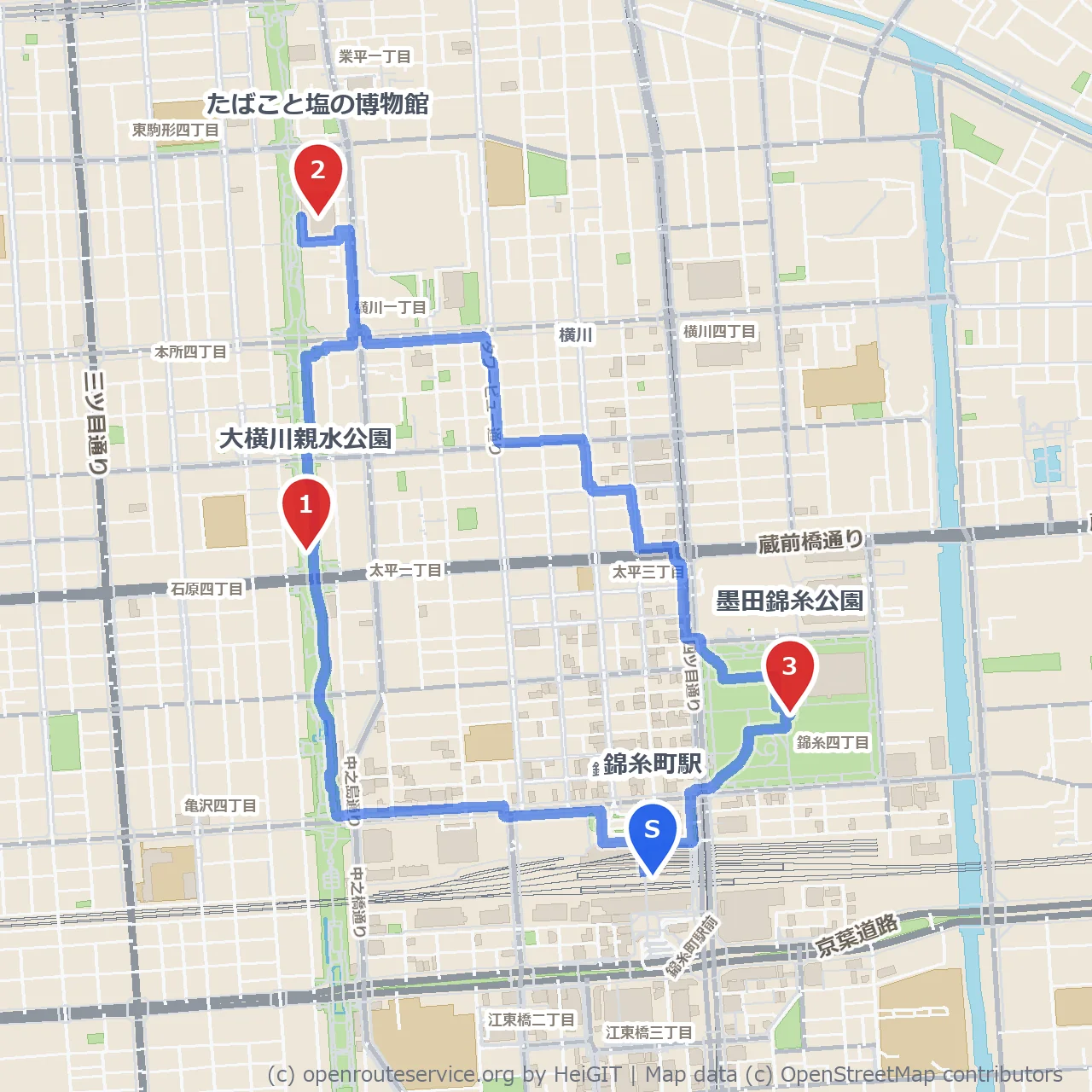 大横川親水公園とたばこと塩の博物館をゆったり散歩 のコースマップ