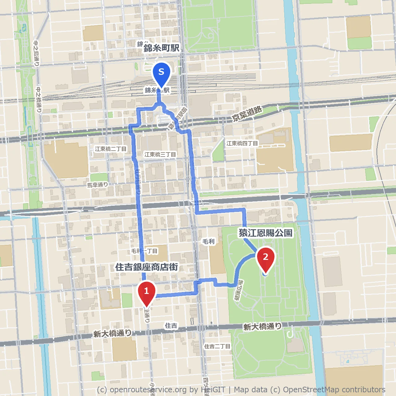 住吉銀座商店街と猿江恩賜公園を楽しむ散歩コース のコースマップ