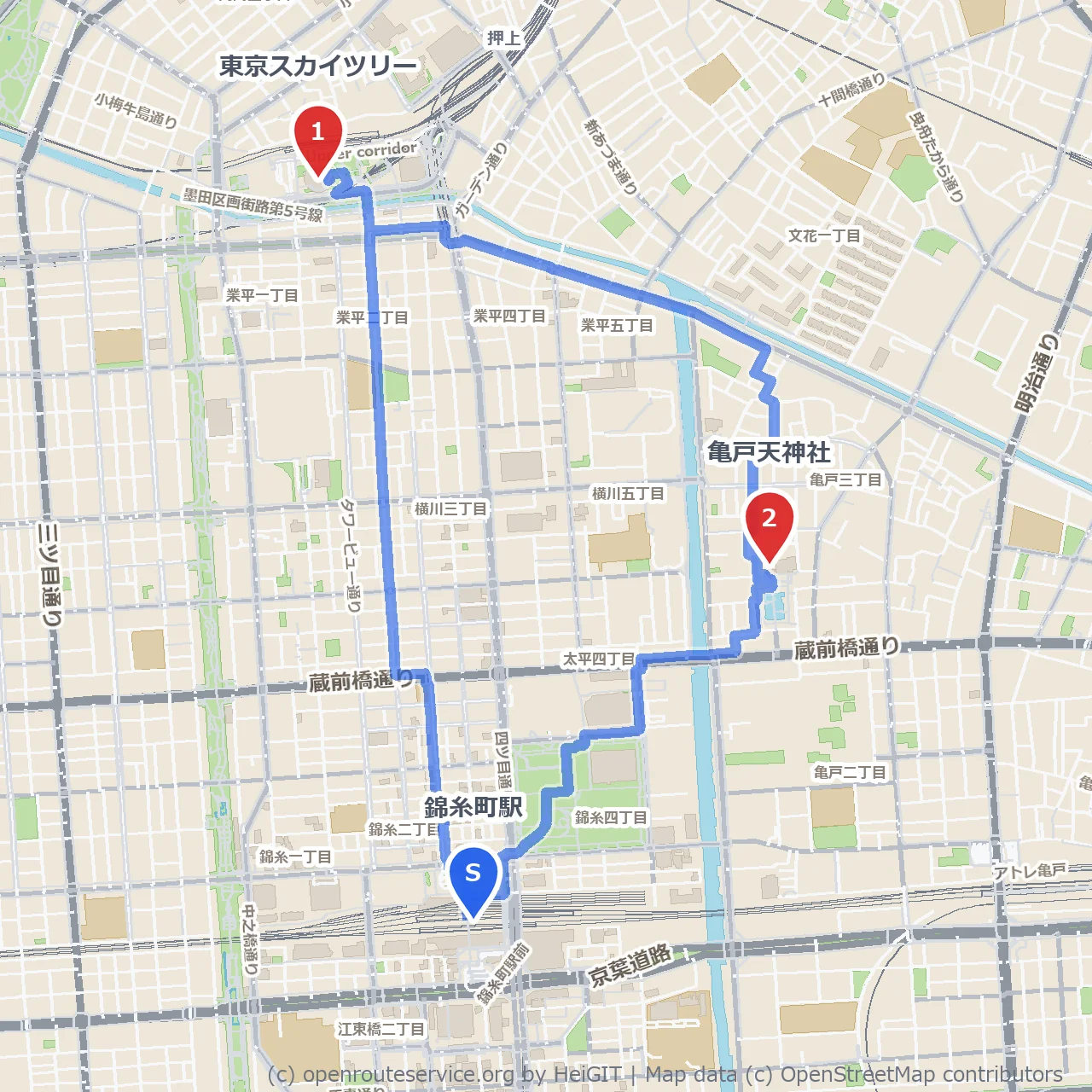錦糸町から歩く下町散策と東京スカイツリーの絶景 のコースマップ