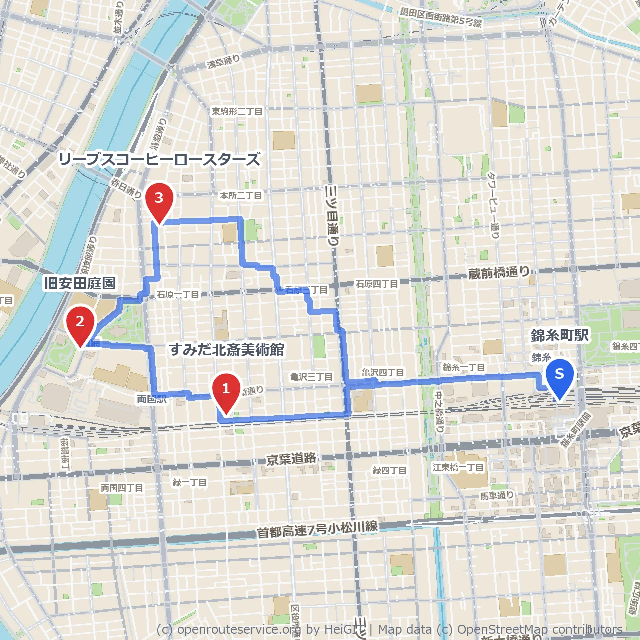 錦糸町から辿る季節の旧安田庭園と北斎の世界 のコースマップ
