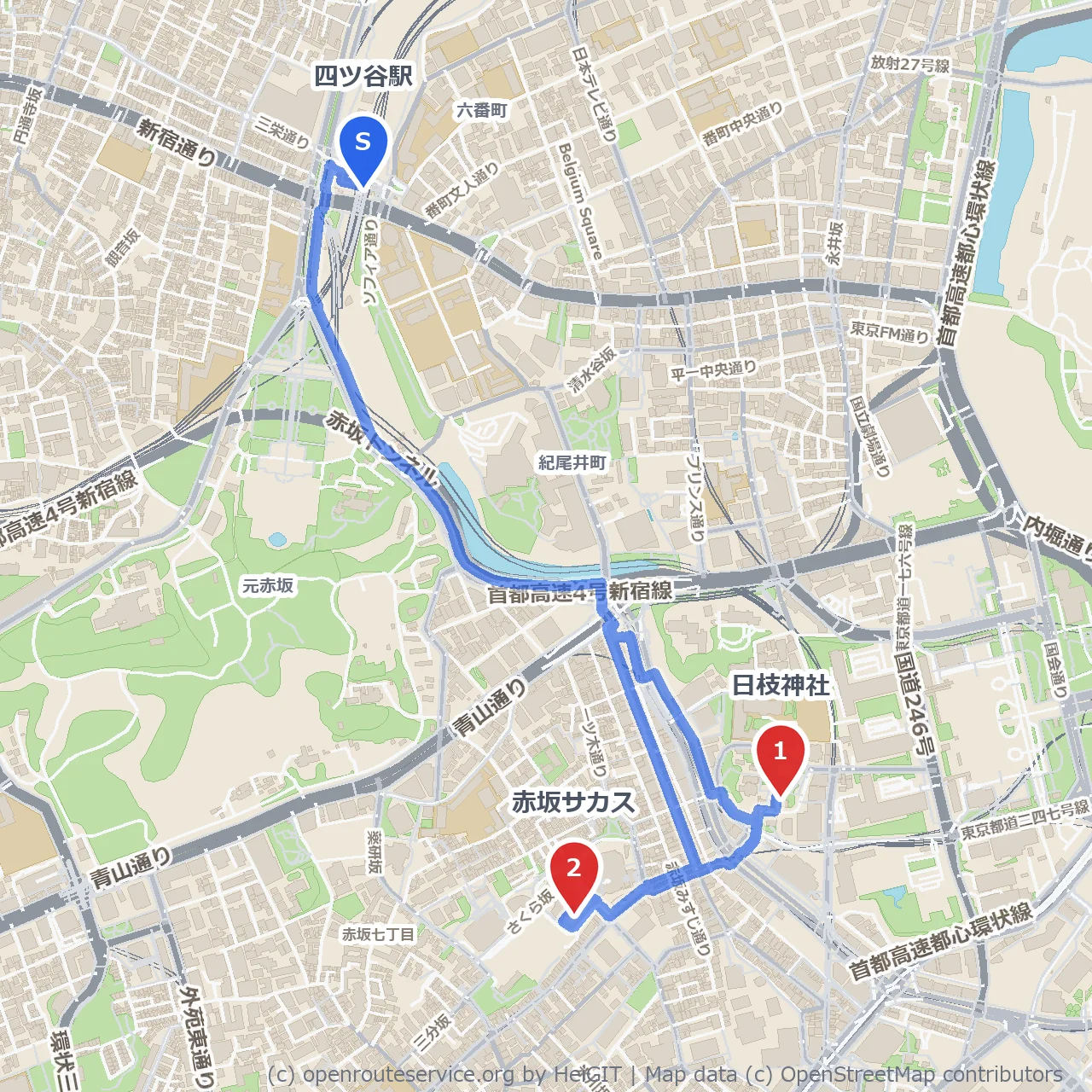 四ツ谷から歩く日枝神社と赤坂サカス散策路 のコースマップ