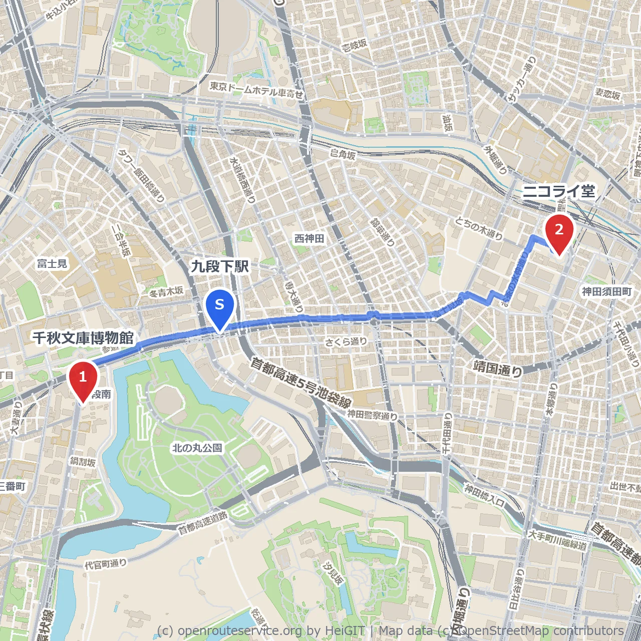 九段下から巡る歴史の息づく静寂散歩路 のコースマップ