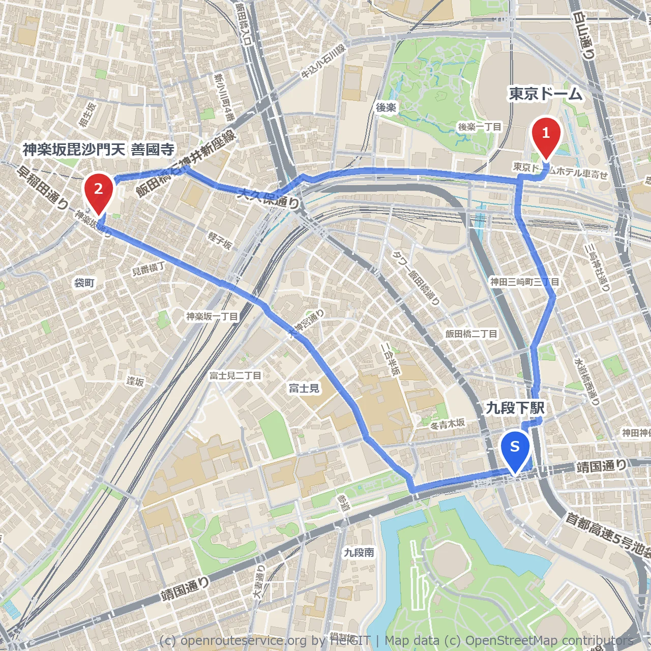 東京ドーム周辺から神楽坂の風情ある散策路へ のコースマップ