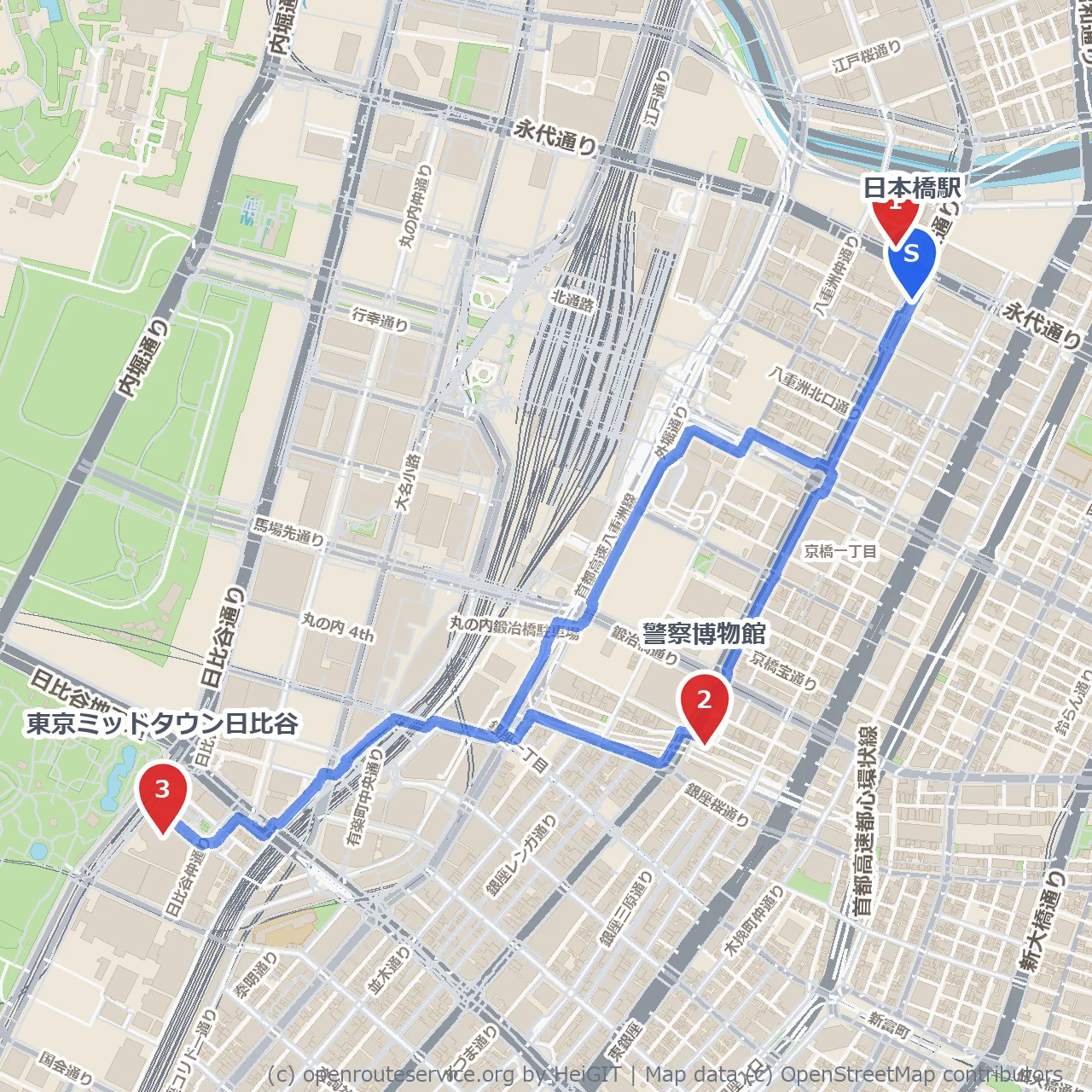 日本橋から日比谷へ歩く都会の歴史と文化散策 のコースマップ