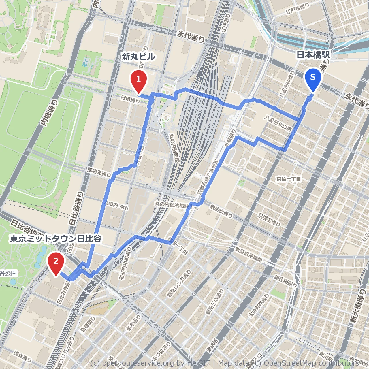 日本橋から日比谷へ歩く都市の風景散策 のコースマップ